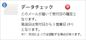 データチェックメール - このメールが届いて受付日の確定となります。発送日は受付日から3営業日となります（状況によっては変動する場合があります）。